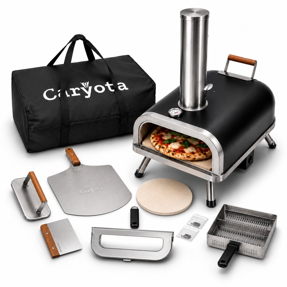 Caryota Pellet Pizza Oven - Buitenoven BBQ en Grill - Draagbaar - Thermometer - Authentieke pizza in 90 sec - Tot 450 °C - Pizza schep - Deegsteker