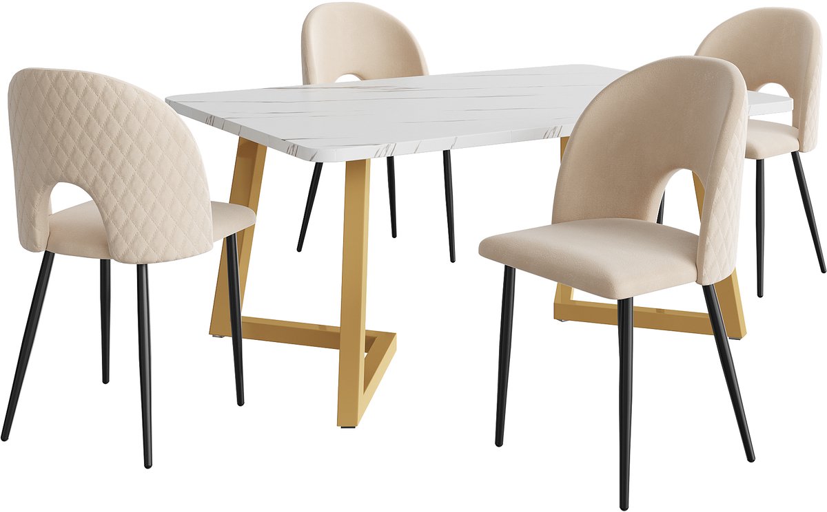 Eettafelset - 1 rechthoekige eettafel met 4 stoelen - beige eetstoelen met rugleuning - verstelbare stoelpoot - gouden tafelpoten