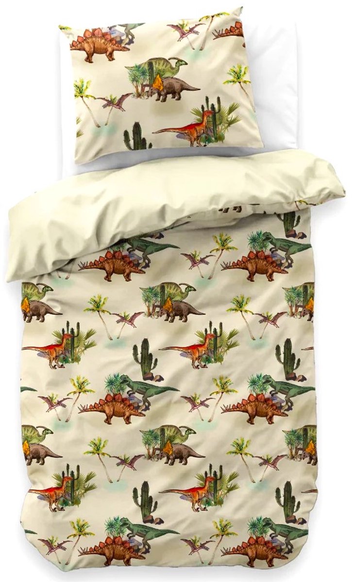 1-persoons jongens dekbedovertrek (dekbed hoes) beige / crème met dino’s (T-rex dinosaurus) tussen groene bomen en struiken, eenpersoons 140 x 220 cm (beddengoed voor peuters, kleuters, kinderen)