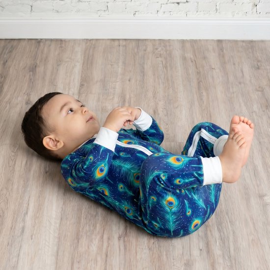 Bamboe Baby Boxpakje 62/68 - Tweewegritssluiting en Ingebouwde Wantjes & Sokjes - Blauw met Pauwenveren - Kraamcadeau - Jongens en Meisjes Romper
