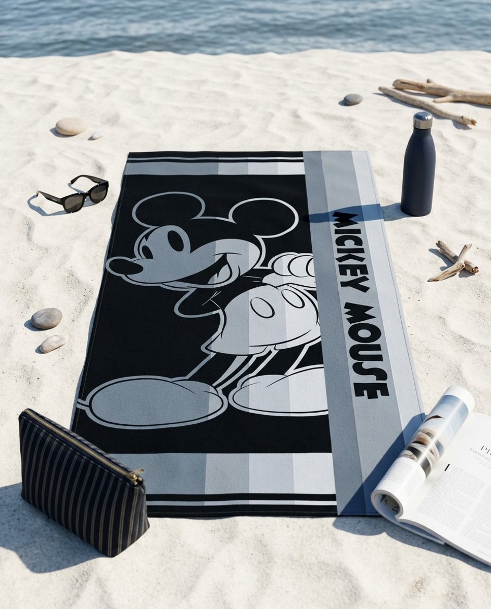 Disney Mickey Strandhanddoek - 70 x 140 cm - Handdoek - Badlaken voor kinderen - Sneldrogend - Grijs/zwart