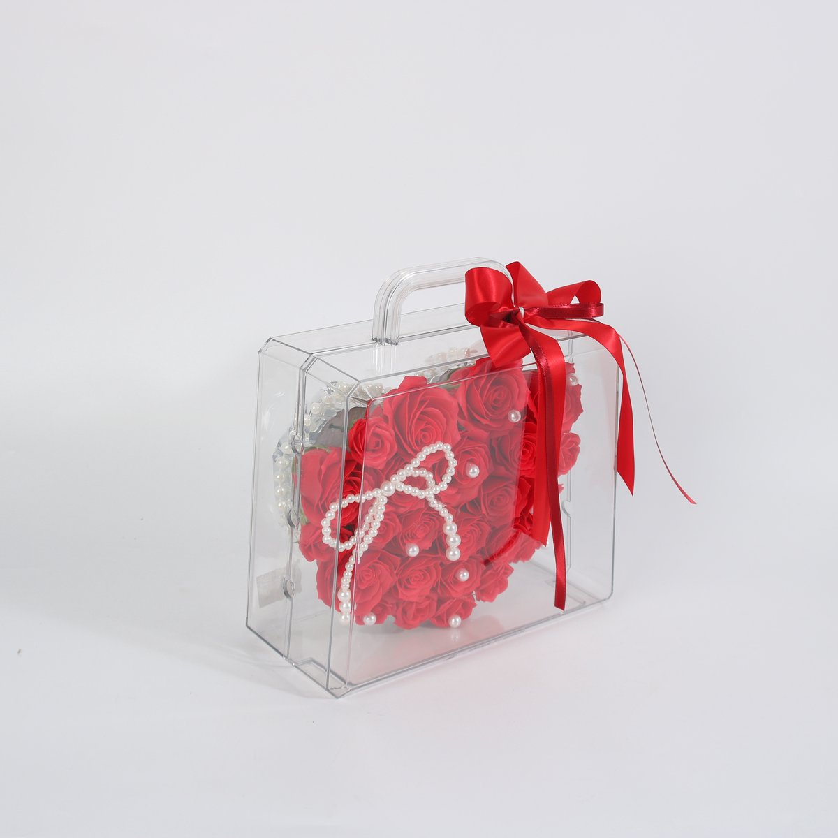 La Roselle Amsterdam Hart van Rode Kunstrozen in Transparante Handtas - kerst cadeau box - strik versiering - feestdagen Rood