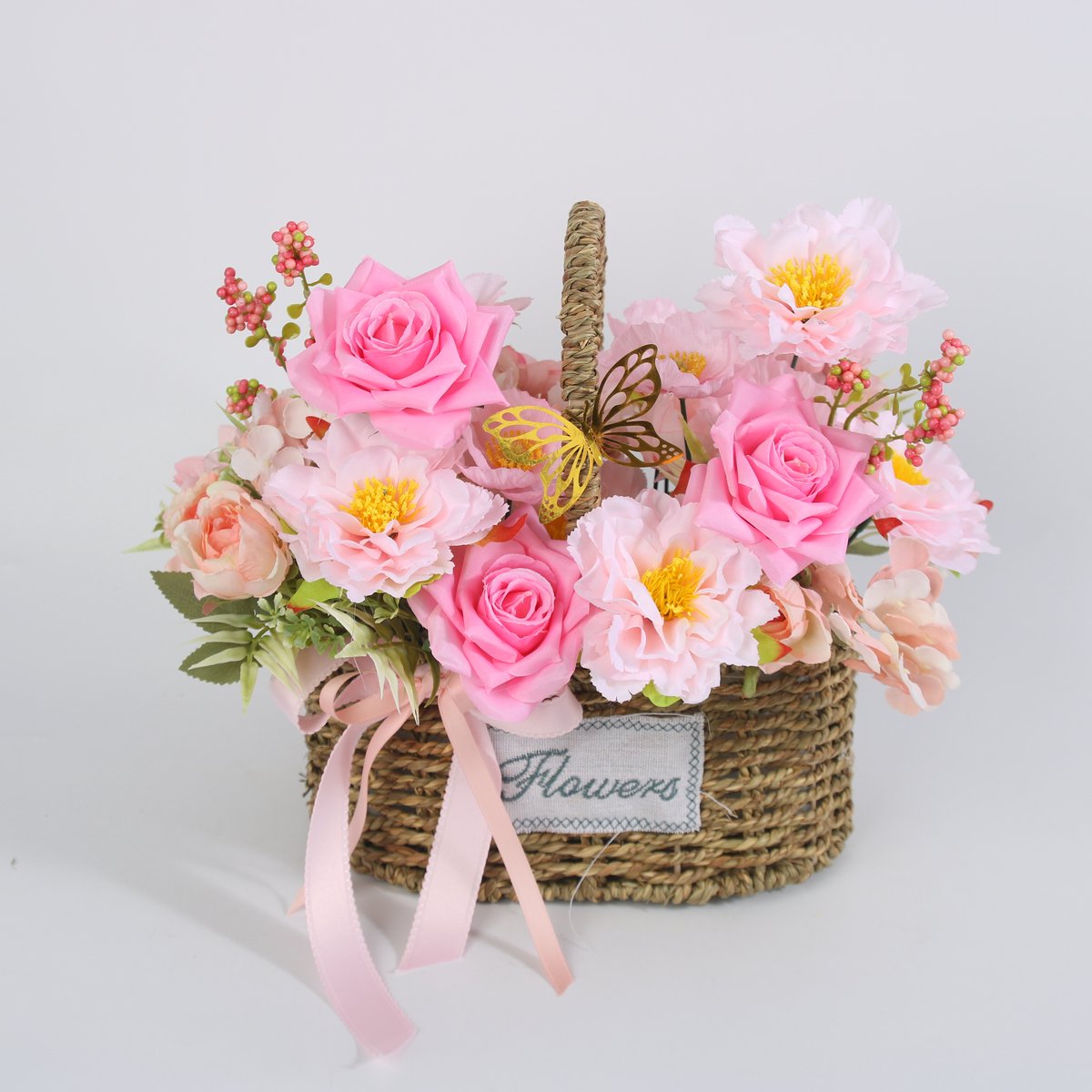La Roselle Amsterdam Pink Blossom Bloemenmandje Inclusief Basket – Roze en witte Rozen en Pioenrozen