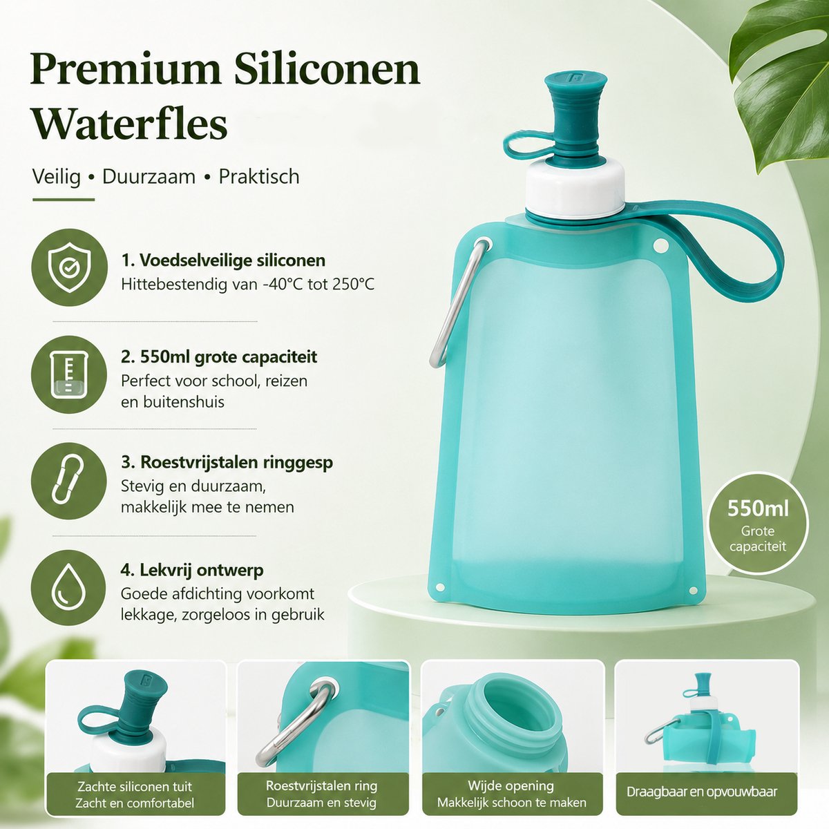 Outdoor opvouwbare draagbare waterfles met karabijnhaak & Verstelbare Schouderriem - 550ml - Herbruikbare sportbidons voor wandelen reizen - Voedselveilig siliconen - temperaturen van -40 °C tot 250 °C — cadeau in Sport & Outdoor - foto 4