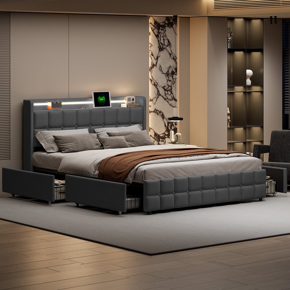 MEXUS Gestoffeerd bed tweepersoonsbed 160x200 cm | Opbergbed met LED-verlichting en USB-poorten, 4 uittrekbare laden & lattenbodem, Linnen grijs, bedframe zonder matras