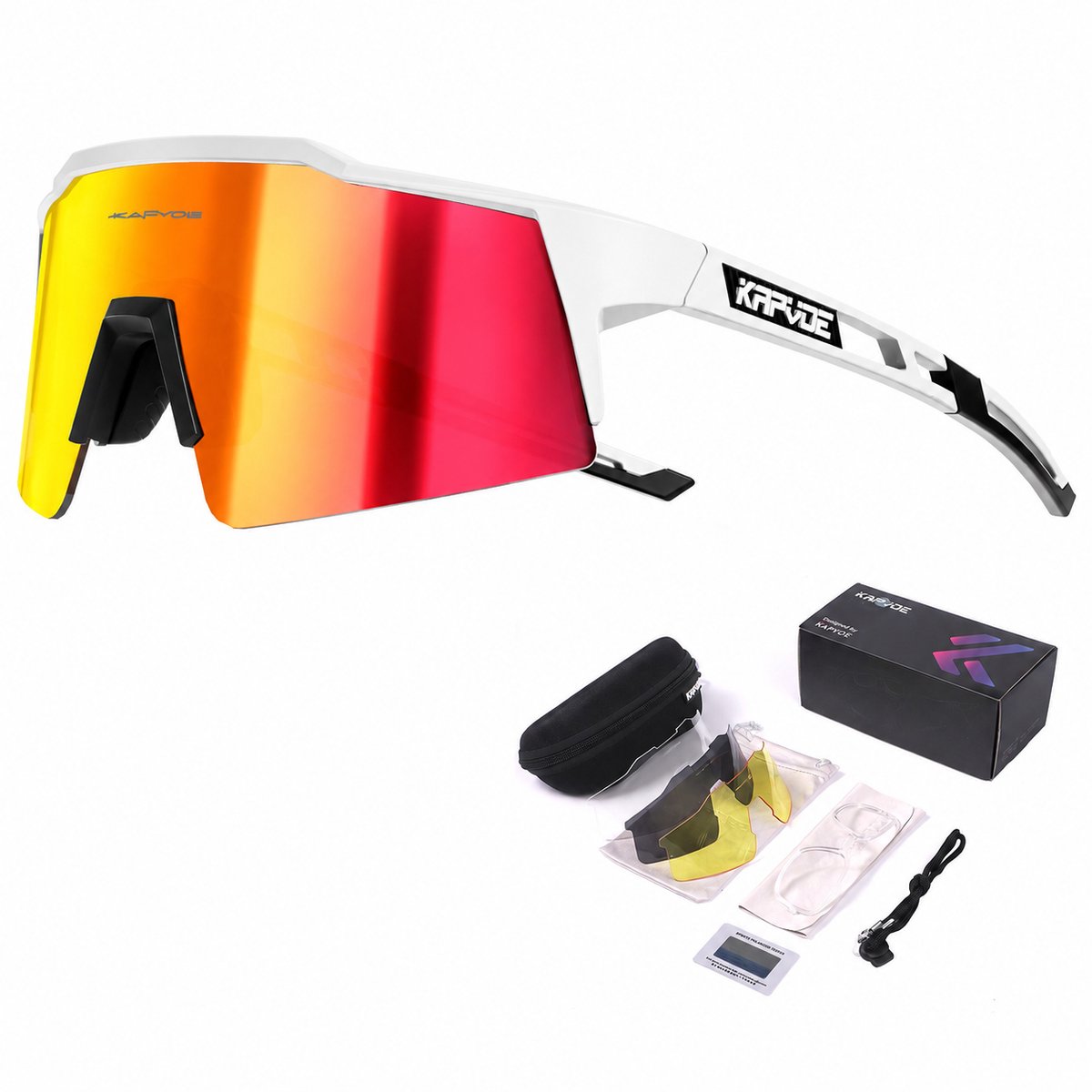 KAPVOE Sport Zonnebril - COMPLETE SET - 4 GLAZEN - Fietsbril - Sportbril - Mountainbike - Wielren - Ski - Wintersport - Sneeuw - Polariserend - UV 400 - Nachtbril - Hoesje -Brillenkoker - WIT - apres ski