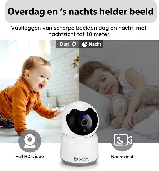Beveiligingscamera binnen - Huisdiercamera met app - Full HD en Nachtzicht - Wifi en 64GB SD-kaart - Volgt beweging en geluidsdetectie - Wit - Saaf — afbeelding 2