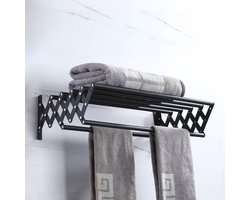 Wandgemonteerd wasrek, uitschuifbaar, gemaakt van roestvrij staal met 7 stangen, ruimtebesparend en compact, draagvermogen 25 kg, zwart