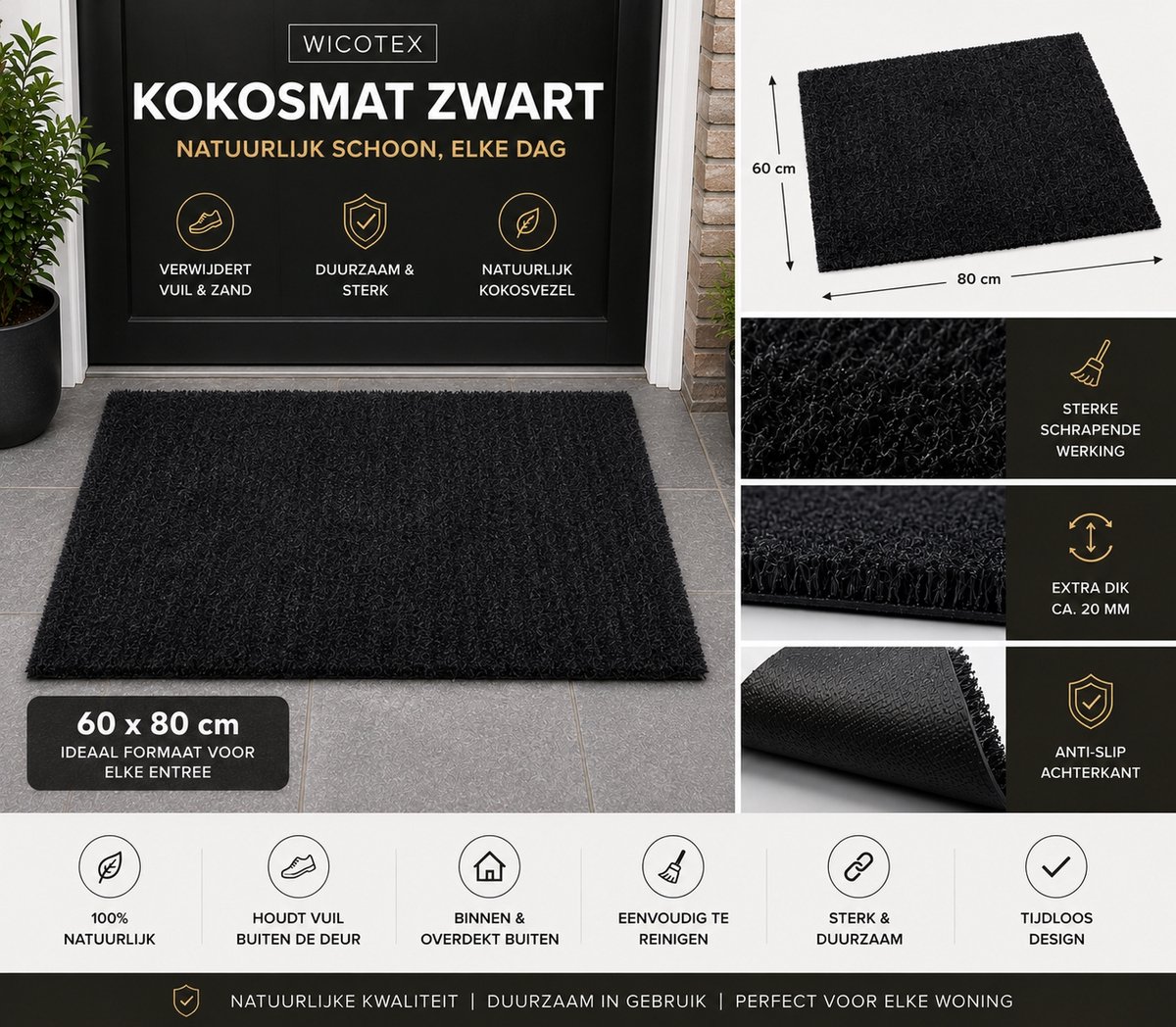 Kokosmat - Deurmat - Kokosmat - Schoonloopmat - Kleur zwart - Afmeting 60x80cm
