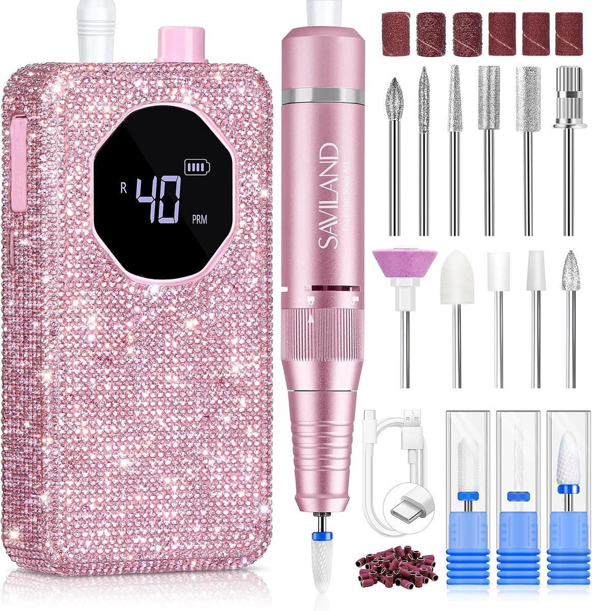 SAVILAND Professional Nail Drill Set 40,000rpm: Portable Diamond Rechargeable 4000mAh Electric Nail File for Thick Acrylic Nails with Ceramic Nail Drills and Sanding Bands Tech Salon