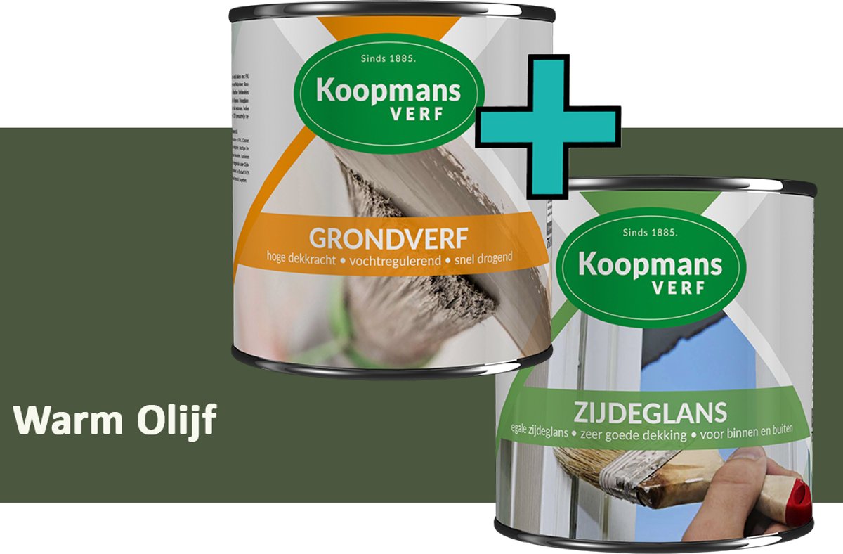 Koopmans Grondverf en Zijdeglans Lakverf - set geschikt voor hout en metaal – Warm Olijf – 2x – 2,5 l