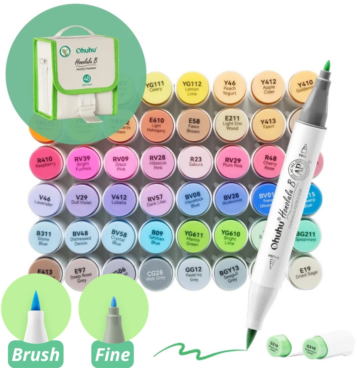 Ohuhu - Honolulu B Brush & Fine - Alcohol Art Markers - 48 Mid Tone kleuren - grijze etui