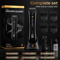 Zwarte Wellshave Groom Guard PRO bodytrimmer in een complete set met oplader, 4 opzetkammen, USB-C kabel, olie en borstel.