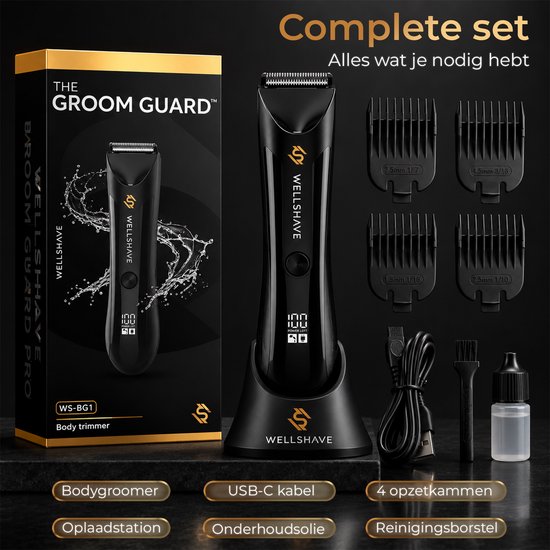 Zwarte Wellshave Groom Guard PRO bodytrimmer in een complete set met oplader, 4 opzetkammen, USB-C kabel, olie en borstel.