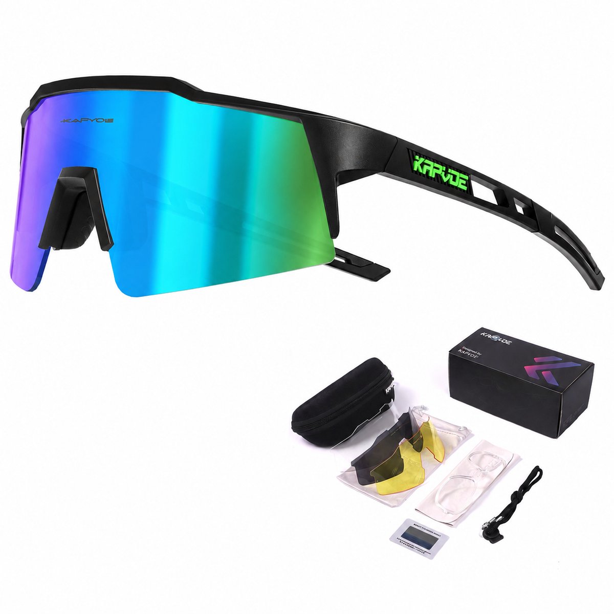 KAPVOE Sport Zonnebril - COMPLETE SET - 4 GLAZEN - Fietsbril - Sportbril - Mountainbike - Wielren - Ski - Wintersport - Polariserend - UV 400 - Nachtbril - Hoesje -Brillenkoker - Groen Blauw Zwart - apres ski