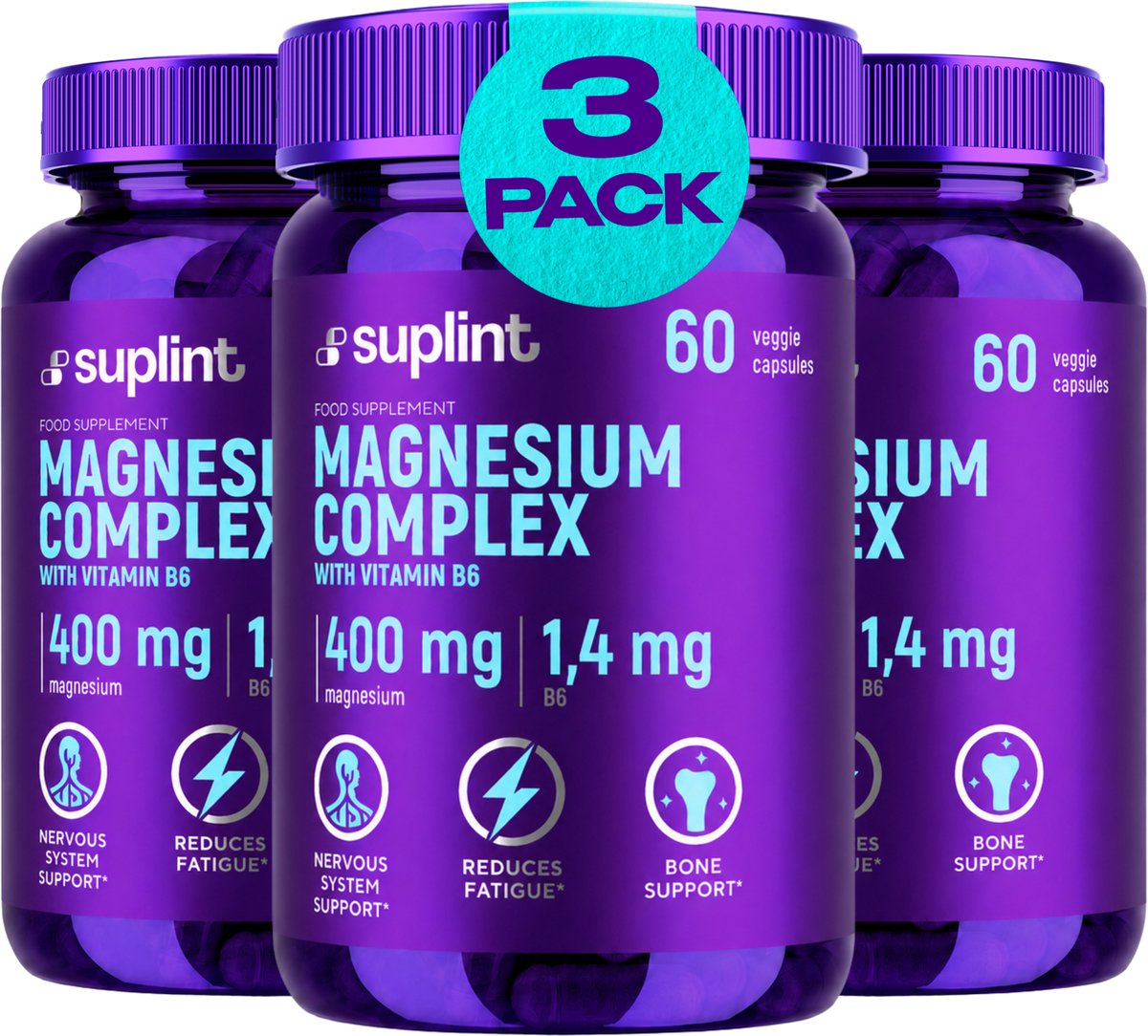 Magnesiumcomplex 400 mg – bisglycinaat en citraat met vitamine B6 - voor zenuwen - spieren - energie – vegan - 3x60 capsules