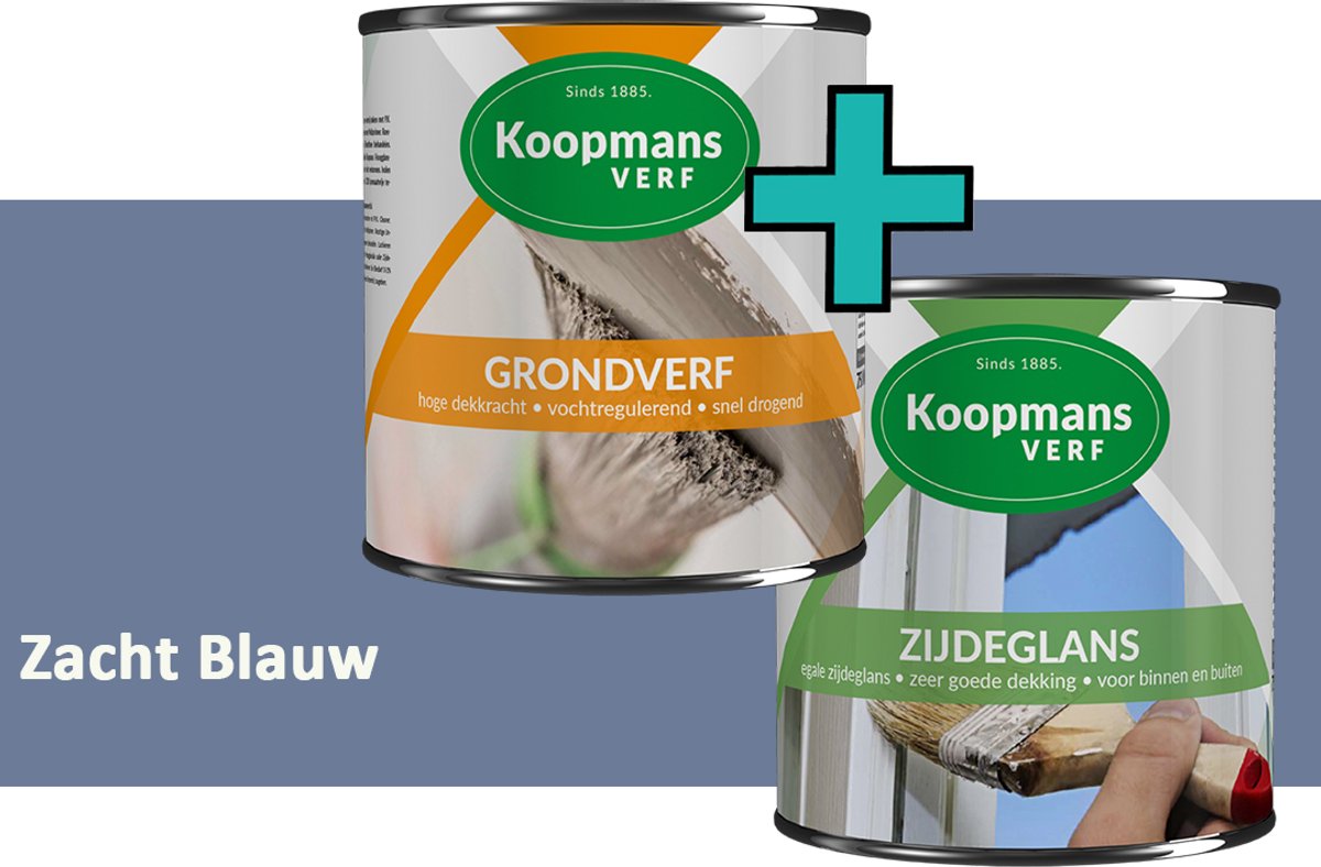 Koopmans Grondverf en Zijdeglans Lakverf - set geschikt voor hout en metaal – Zacht Blauw – 2x – 1,5 l