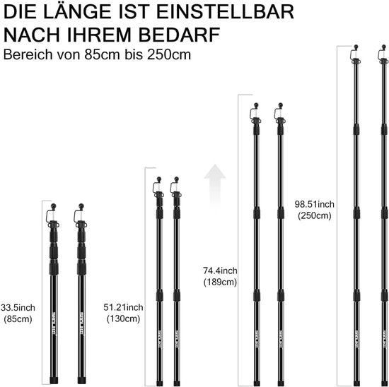 Telescopische stangen - Tentstokken uitschuifbaar - Kamperen en outdoor - Unieke siliconen kap - Tot 250 cm - Zwart — afbeelding 4