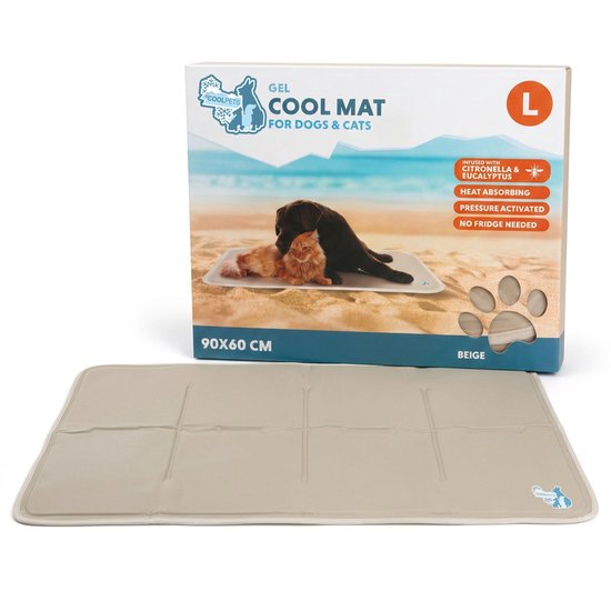 CoolPets Premium Koelmat Hond - L - 90 x 60 cm - Koelmat Kat - Anti-slip en Non-flow Coolgel - met Citronella en Eucalyptus - Beige