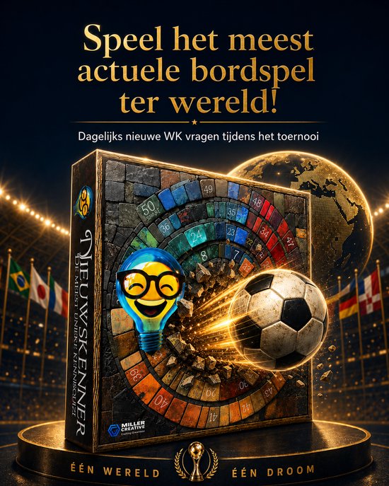 Promotionele afbeelding van het bordspel 'Nieuwskenner' met de tekst 'Speel het meest actuele bordspel ter wereld!' en een wereldbol.