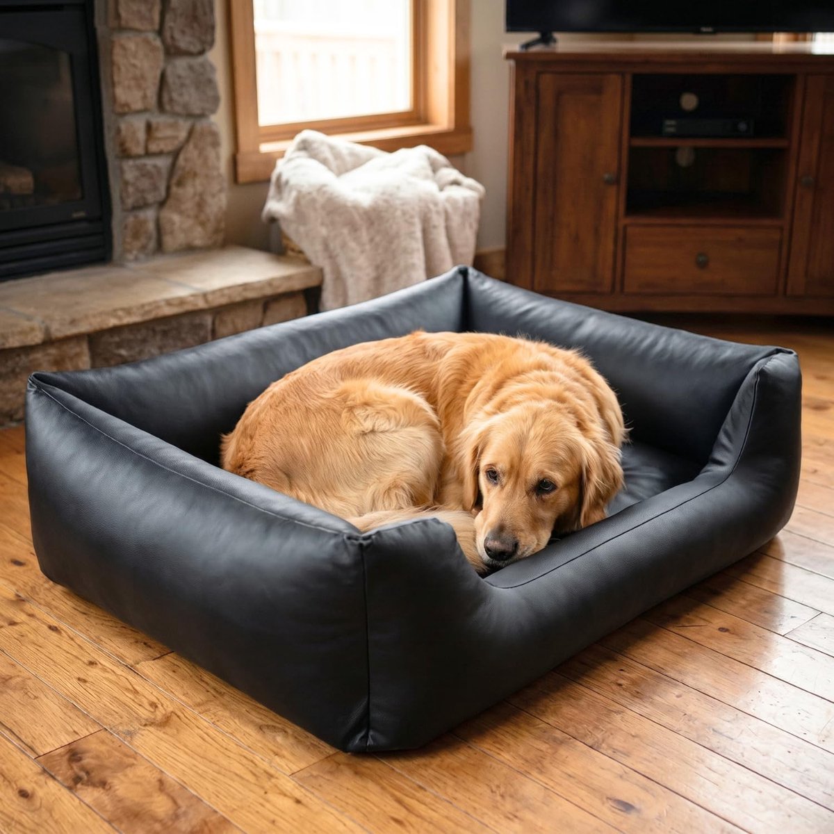 4L Textil Mario Orthopedisch hondenbed van kunstleer, XXL, hondenmand, kunstleer, voor grote honden, traagschuim, visco, extra groot, krasbestendig, waterafstotend, 140 x 110 x 25 cm, Zwart