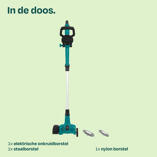 De doos bevat een elektrische onkruidborstel, een staalborstel en een nylon borstel.