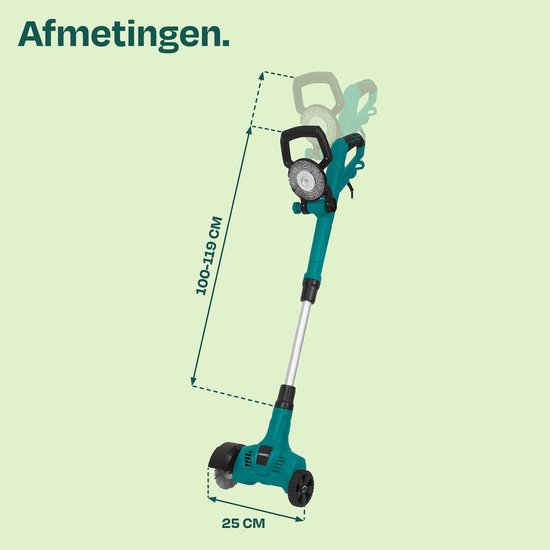 Afmetingen van de elektrische onkruidborstel: 100-119 cm hoog en 25 cm breed.