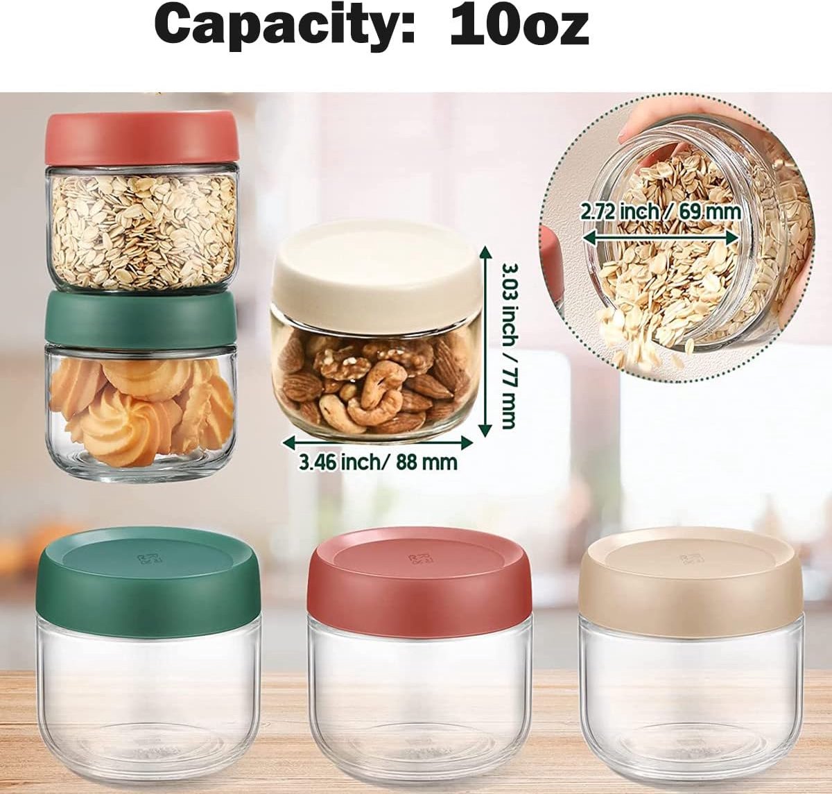 Set van 3 overnight oats potjes glas - vershoudbakjes - voorraadpotten - glazen potjes met deksel - Met deksels - 283 ml - Geschikt voor saladedressings en snacks - Meerkleurig — cadeau in Wonen & Interieur - foto 2