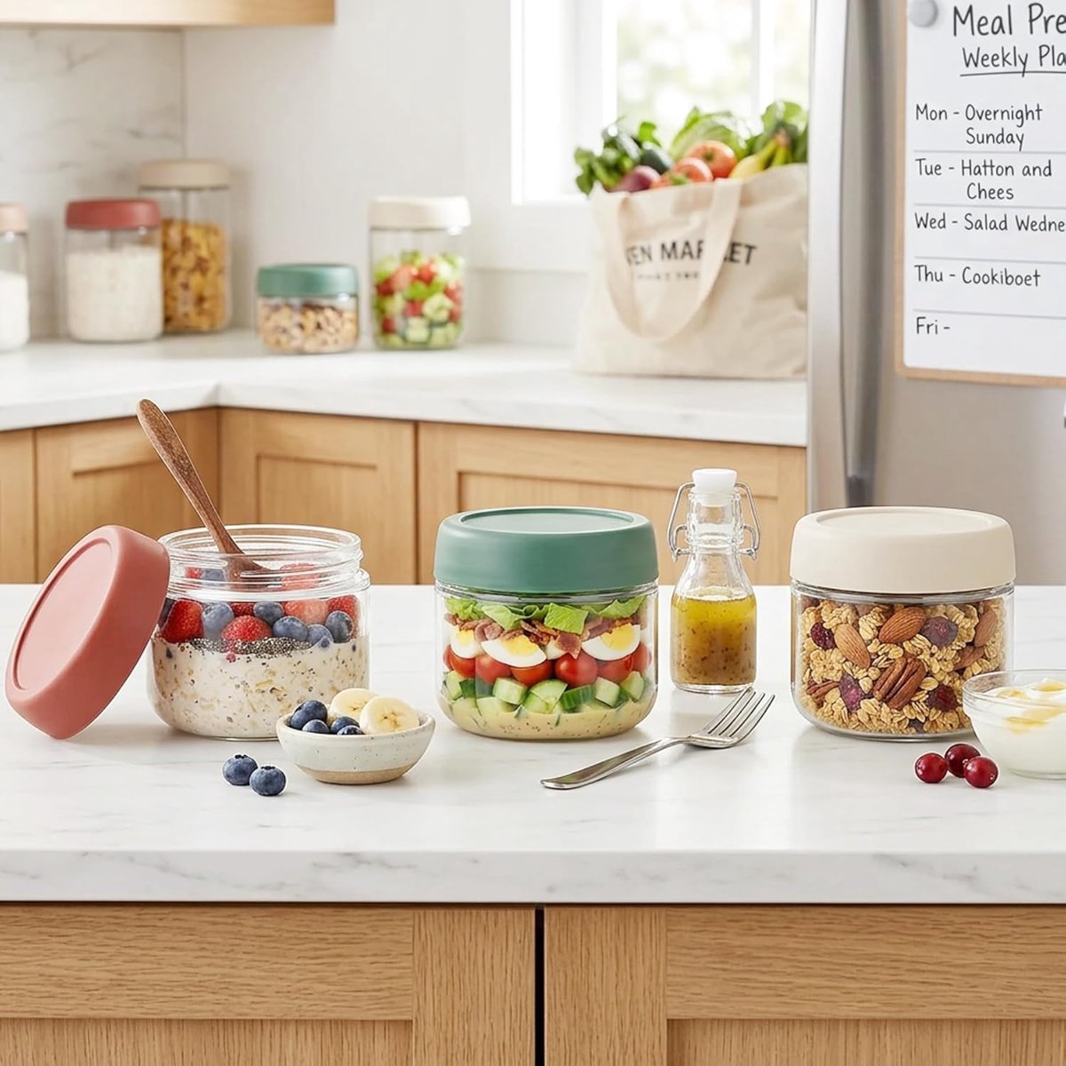 Set van 3 overnight oats potjes glas - vershoudbakjes - voorraadpotten - glazen potjes met deksel - Met deksels - 283 ml - Geschikt voor saladedressings en snacks - Meerkleurig — cadeau in Wonen & Interieur - foto 3