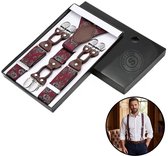 Sorprese - Luxe Chique Bretels - Bordeaux Paisley - Donkerbruin Leer - 6 Stevige Clips - Bretels Heren Volwassenen - Inclusief Cadeaudoos