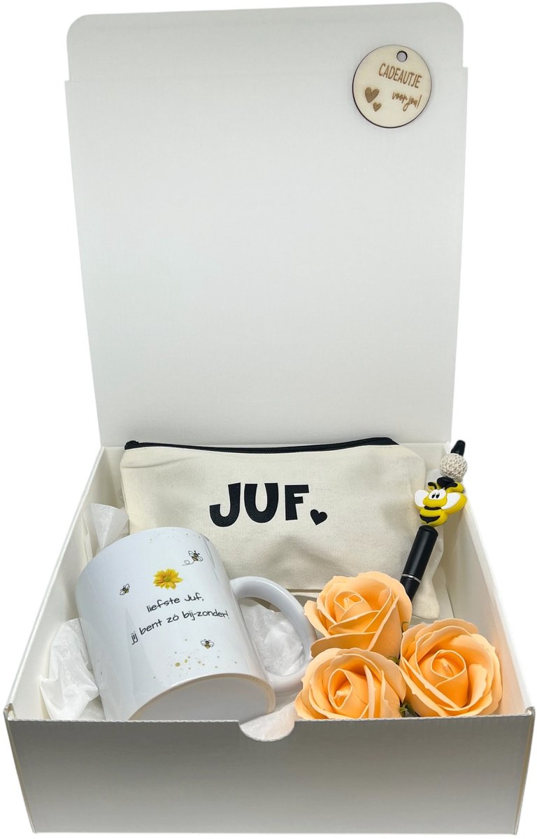 Geschenkbox Juf | Oranje | MOK | favoriet | zeepbloemen | liefste juf | einde schooljaar | kleine attentie | de liefste ben jij | topper | cadeau | liefste Juf | juffencadeau