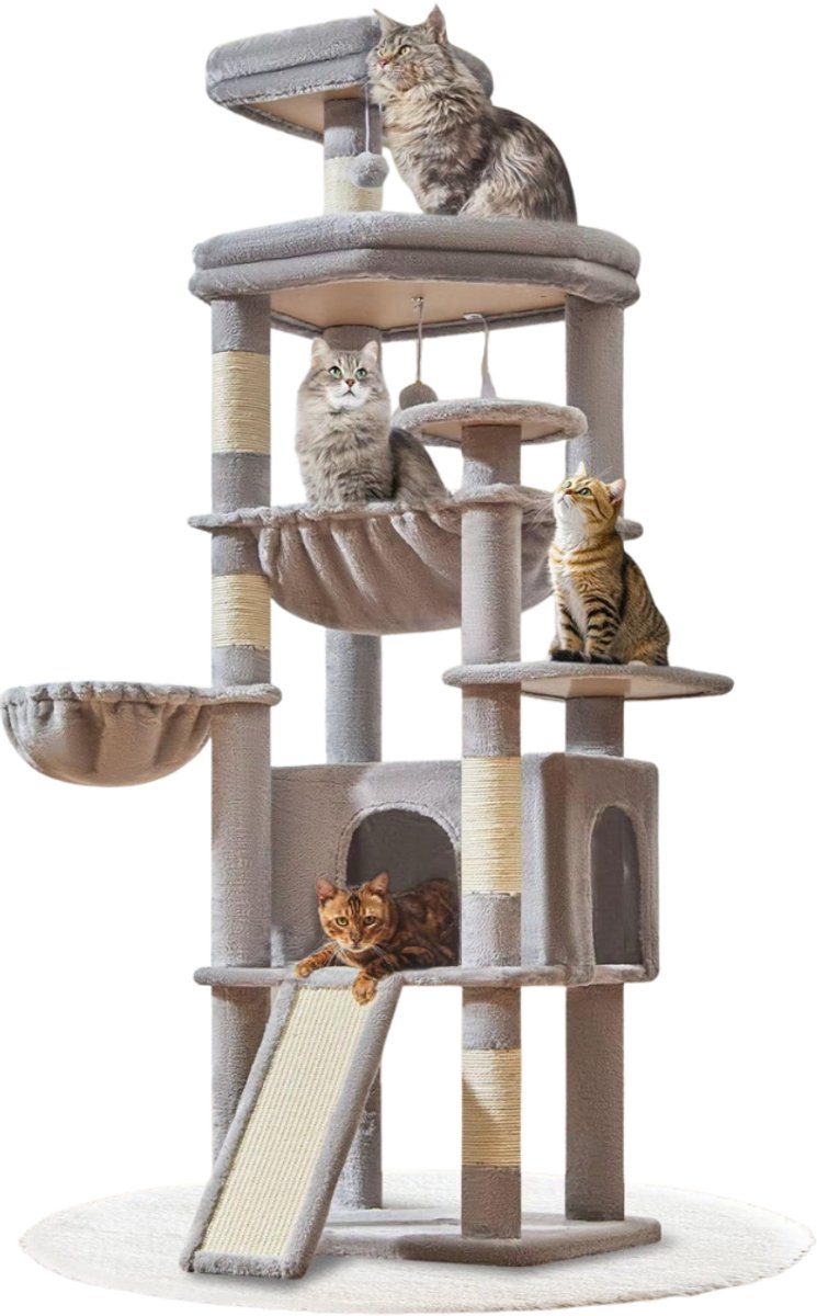 SNJY® Krabpaal Voor Grote Katten - Krabton - Kattenboom - Kattenhuis - Kattenmand - 40L x 50B x 183H cm - Lichtgrijs