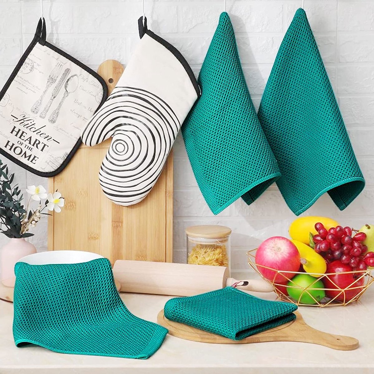 STILVORA Keukendoeken – Wafelstructuur En Sneldrogend – 34 x 34 of 34 x 73 cm – Katoen – Donkergroen – Voor Afdrogen En Schoonmaken
