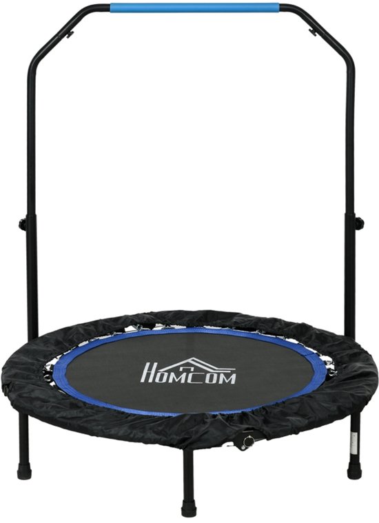 Zwarte, inklapbare fitness trampoline met blauwe handgreep en merklogo.