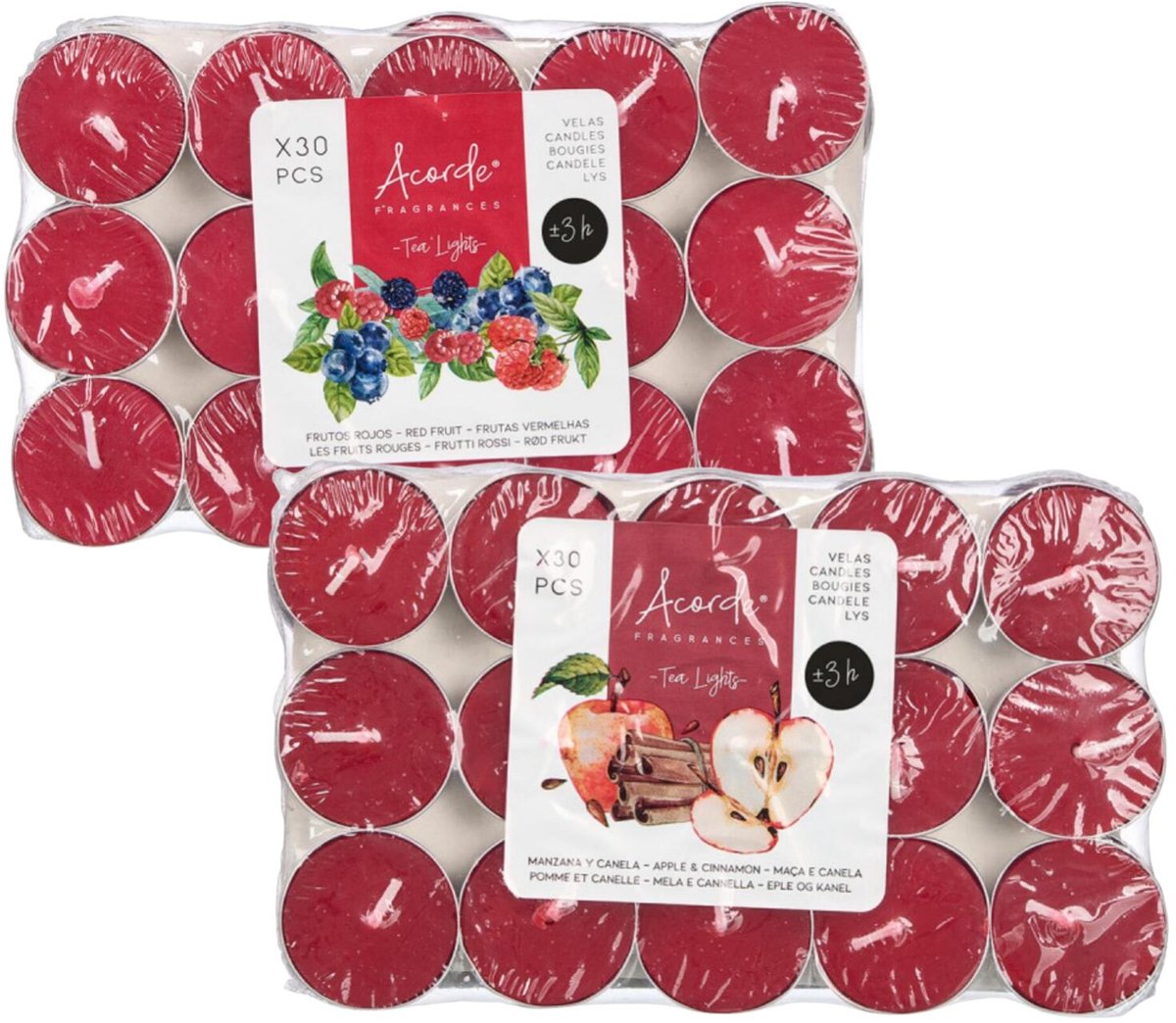 Atmosphera Acorde theelichtjes - 60x - 30x rode vruchten - 30x appel/kaneel - aroma/geurkaarsen Bordeaux rood