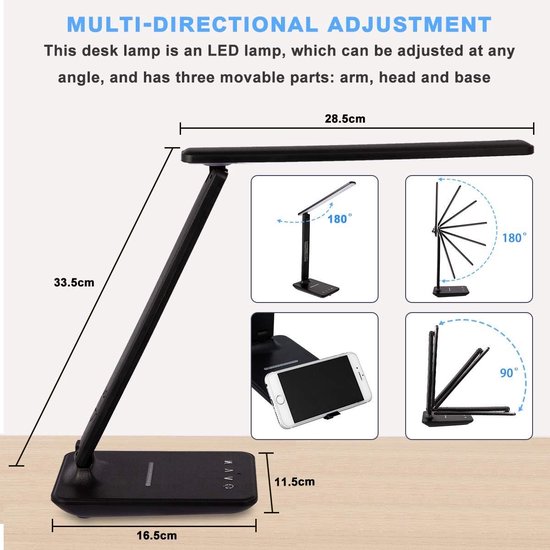 Led bureaulamp - Bureaulamp Met Draadloze Oplader - TENZHVXI® - Oogbescherming Zonder Flikkering - Multi-as Rotatie En Dimbaar - Lcd-klok Met Temperatuurweergave - Inclusief Usb-poort - Ideaal Voor Thuiswerkplek En Studentenkamer van TENZHVXI — afbeelding 5