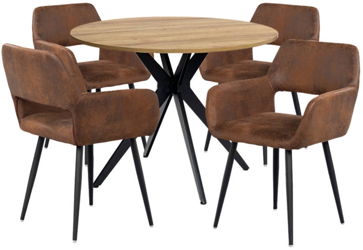 Eetkamerset - 5-delig Ronde tafel 100 cm met 4 fauteuils - Bruin