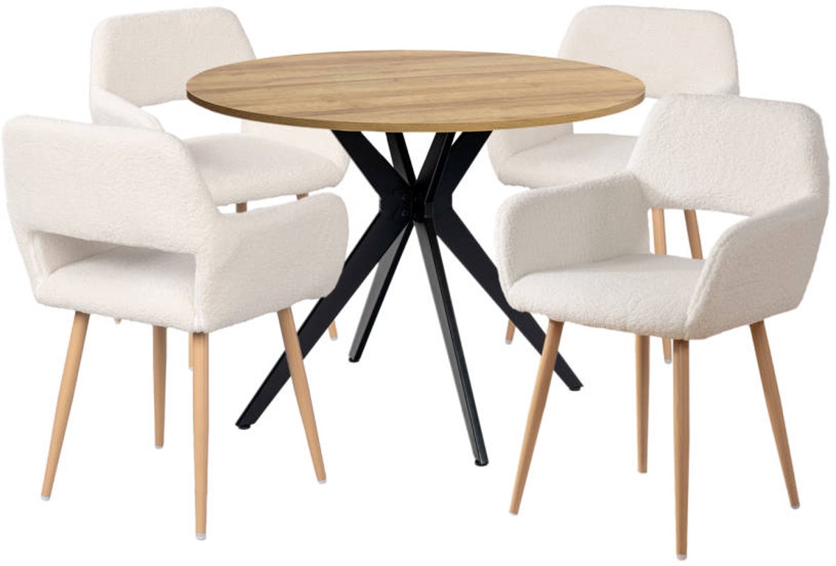 Eetkamerset - 5-delig Ronde tafel 100 cm met 4 fauteuils - Crème