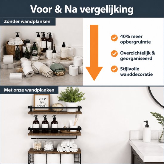 Vergelijking van een rommelige badkamer zonder planken met een georganiseerde badkamer met houten planken.