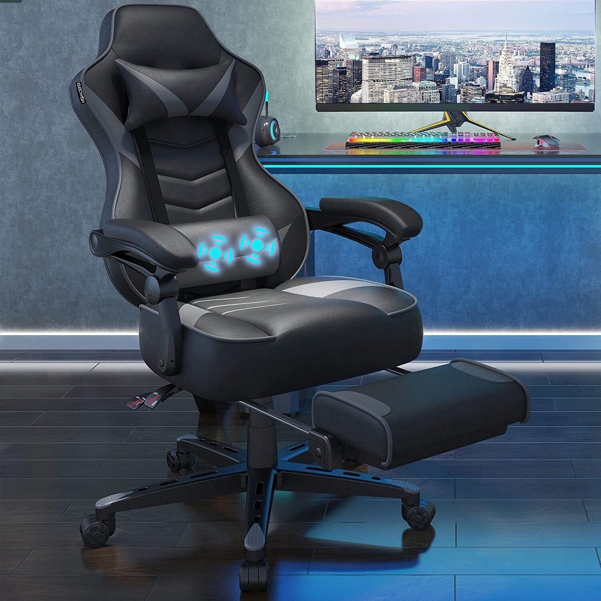 Puluomis - Gaming Stoel - 135° Verstelbare Rugleuning - Gaming Stoel met inklapbare Voetsteun - racerstijl - Geïntegreerde Armleuningen - Maximale Belastbaarheid 150kg - Grijs