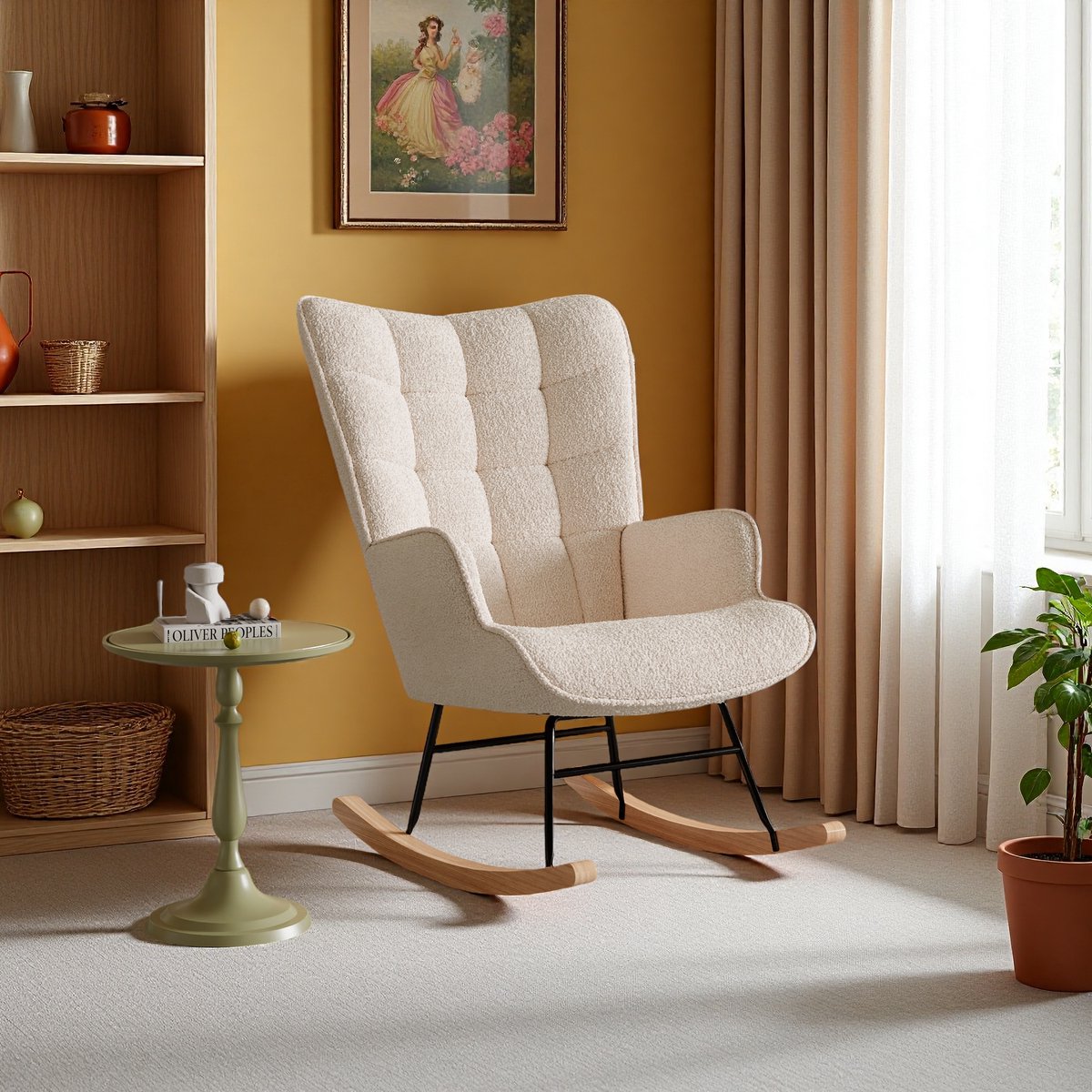 Schommelstoel - Relaxstoel babykamer - Fauteuil met kussen- Schommelstoel met hoge rug - Massief houten en metalen frame - Beige