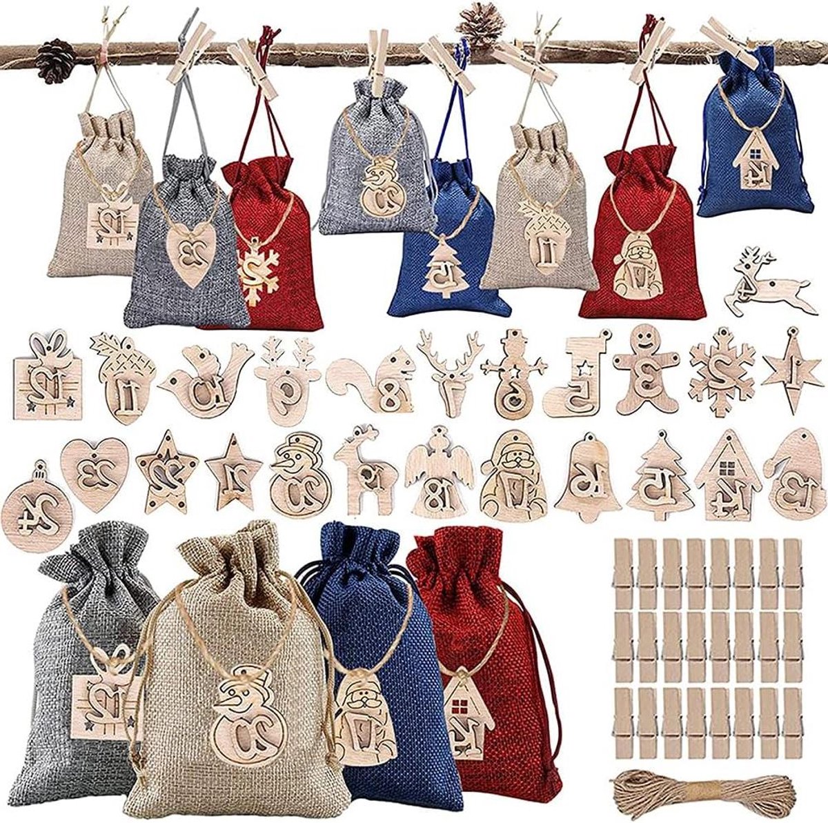 Kerst Kalender Zakjes - Aftel Kalender - Cadeautjes Vullen - Herbruikbaar Materiaal - 24 Stuks - Multicolor