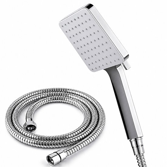Chrome handdouchekop met een ronde, zilverkleurige slang van roestvrij staal. Strak en modern design.