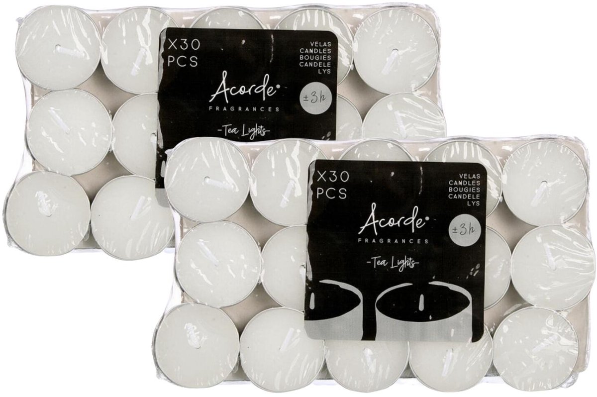 Acorde theelichtjes/waxinelichtjes - wit - 60x - 3 branduren