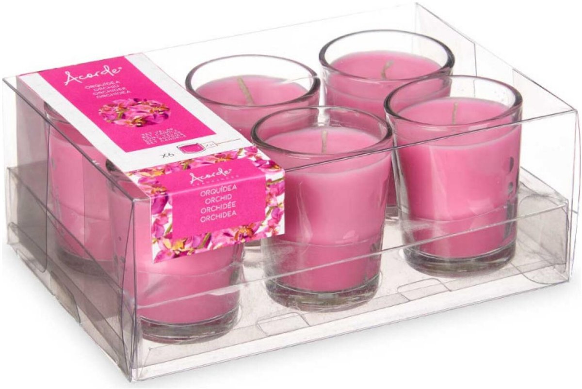Arte regal geurkaarsen - 6x - orchidee geur - roze - 8 branduren - in glas - aroma kaars