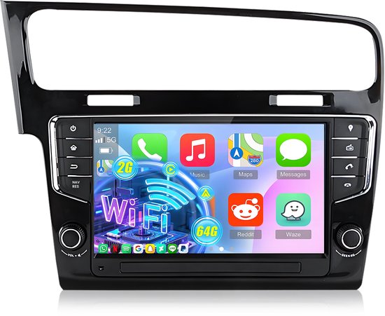 Een autoradio met een 9-inch scherm met verschillende app-pictogrammen, waaronder Wifi, 2G, 64G, Muziek, Kaarten, Berichten, Reddit en Waze.