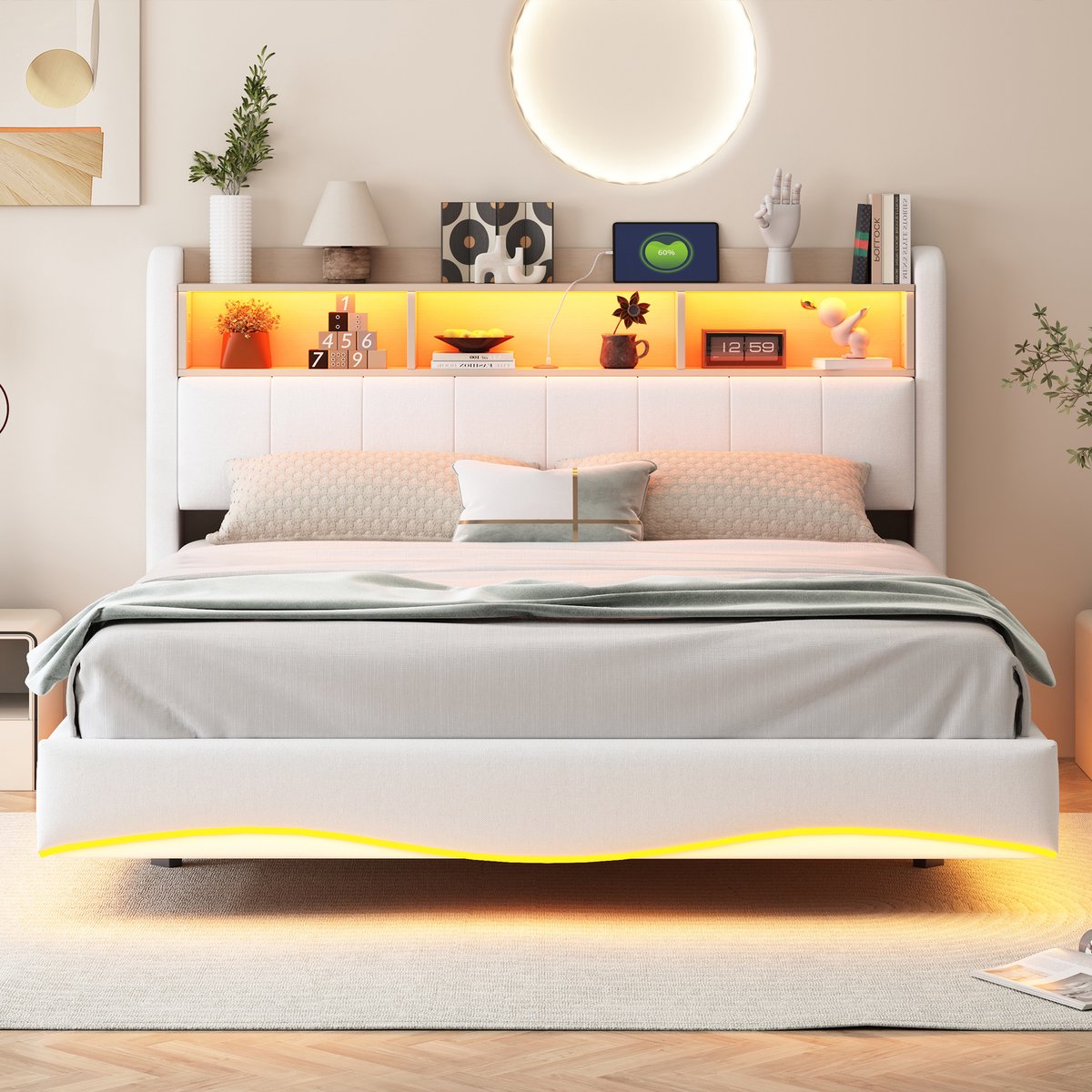 VVBV Bed met opbergruimte 160x200 / Tweepersoonsbed 160x200 – met LED-Verlichting, USB, USB-C – Linnen – Beige – Gestoffeerd Tweepersoonsbed