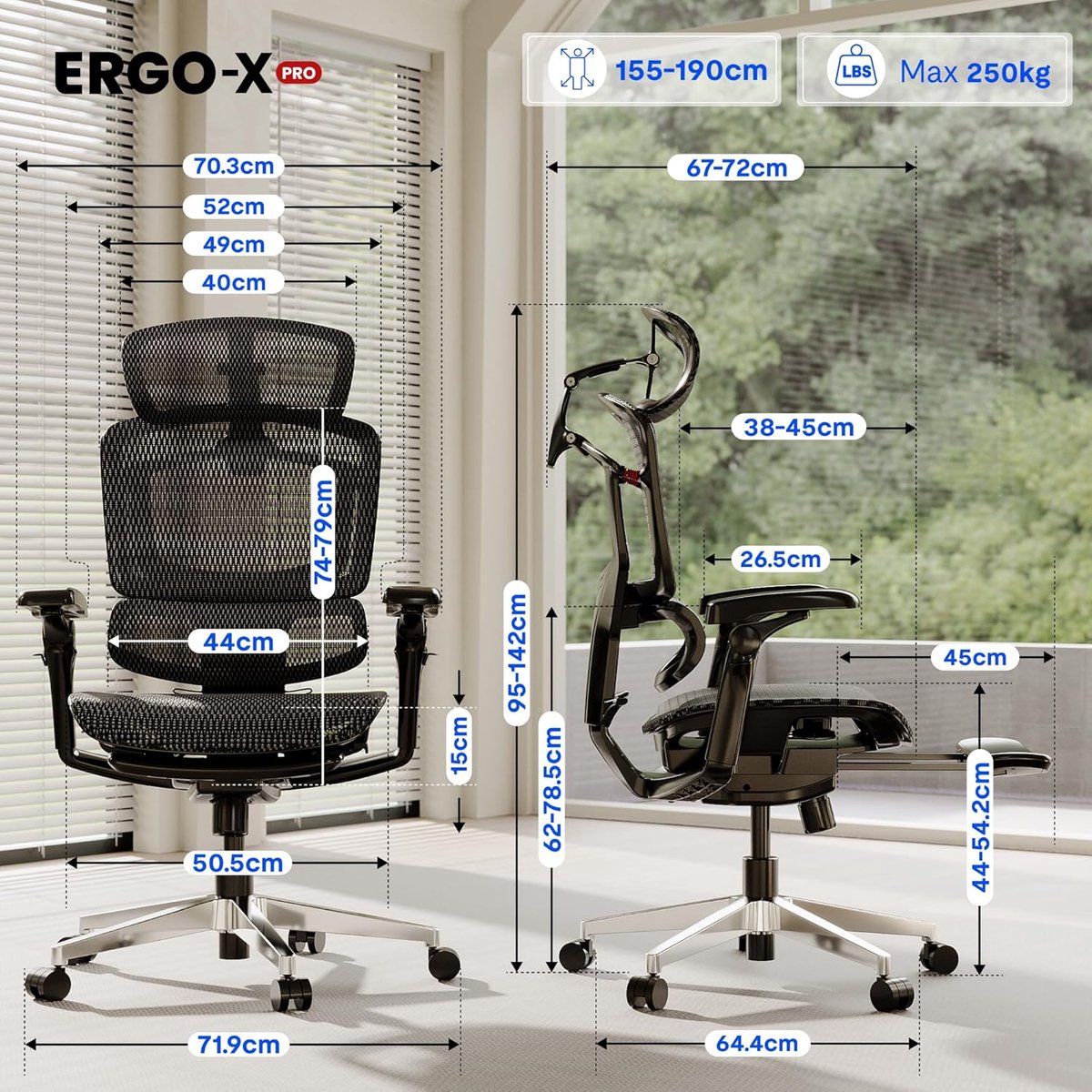 Ergonomische bureaustoel met voetensteun – House&Garden FLEX Mesh Pro gaming & directiestoel 250 kg belastbaar – 4D hoofdsteun, 5D lendensteun, 7D armleuningen, 12-traps verstelbaar, ademend mesh design zwart