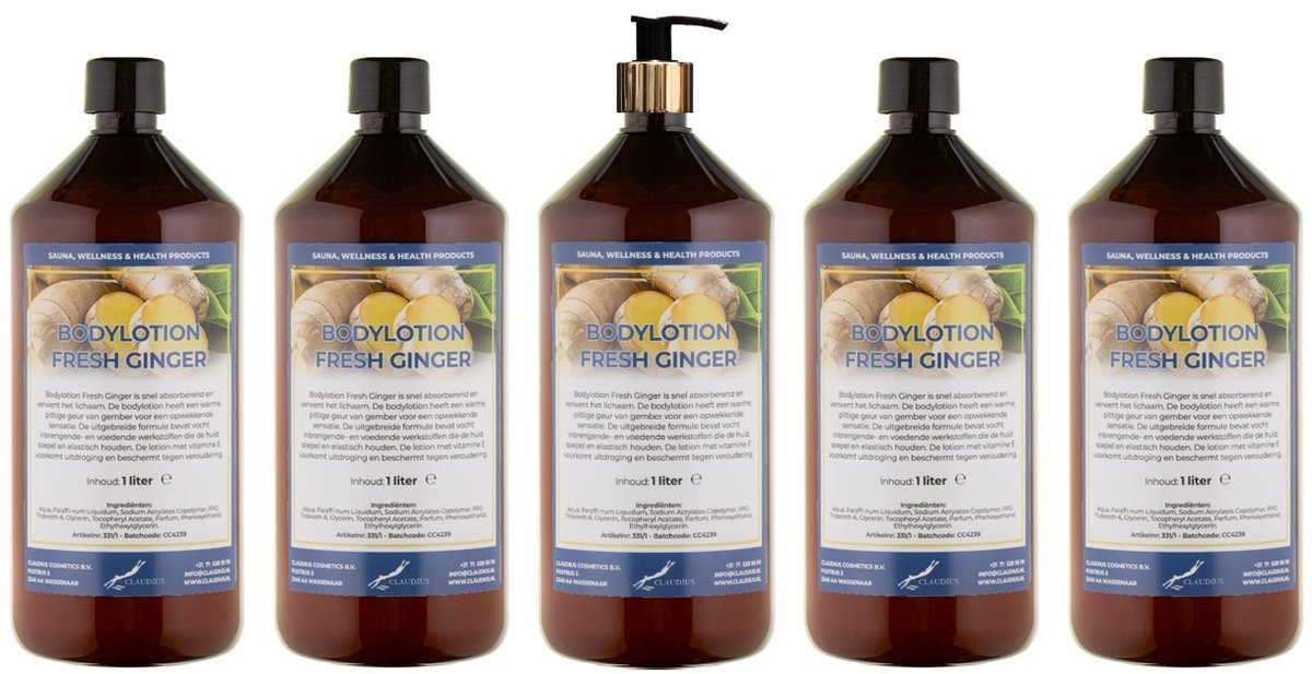 Bodylotion Fresh Ginger 1 Liter - met gouden pomp - set van 5 stuks - Voordeelverpakking