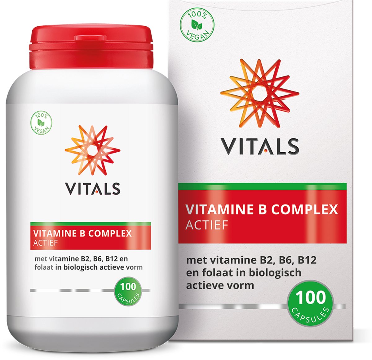 Vitals Vitamine B Complex Actief - 100 capsules. Compleet B-complex met de biologische actieve vormen van B2, B6, B12 en folaat.